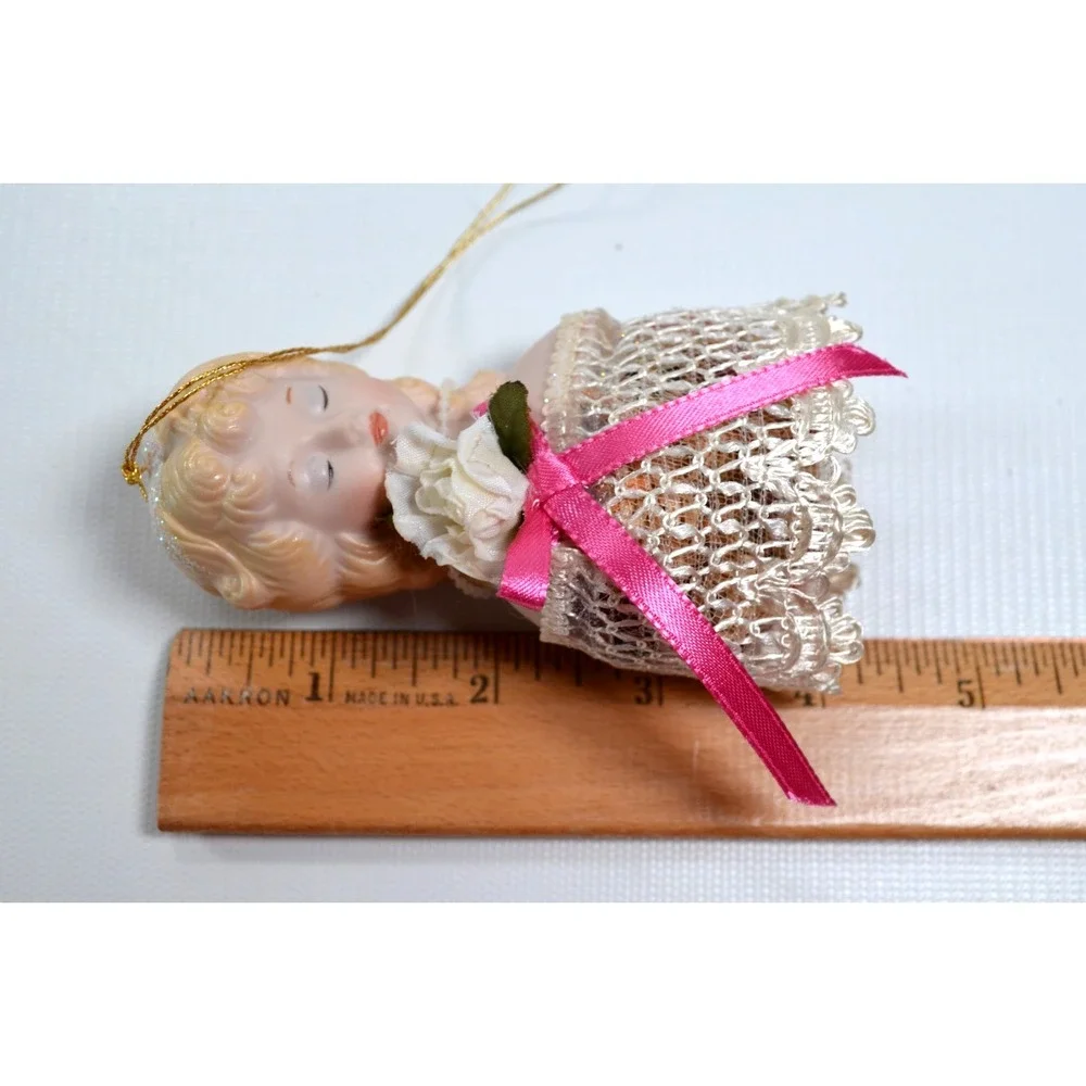 Vintage Victorian Style Hanging Christmas Tree Ornament Satchel Bisque Face 9